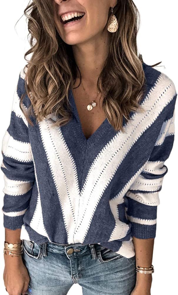 Elapsy Womens Color Block Striped V Neck Sweater Long Sleeve Pullover Knitted Sweater S-2XL | Amazon (US)
