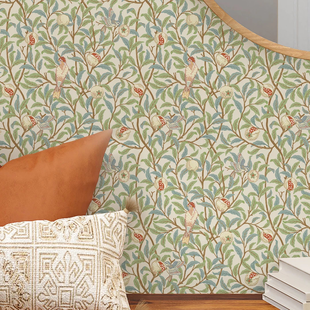 Green Blue Leaf Bird and Pomegranate William Morris Peel & Stick Wallpaper - Removable Vintage Retro Self Adhesive Victorian Style W084 | Etsy (US)