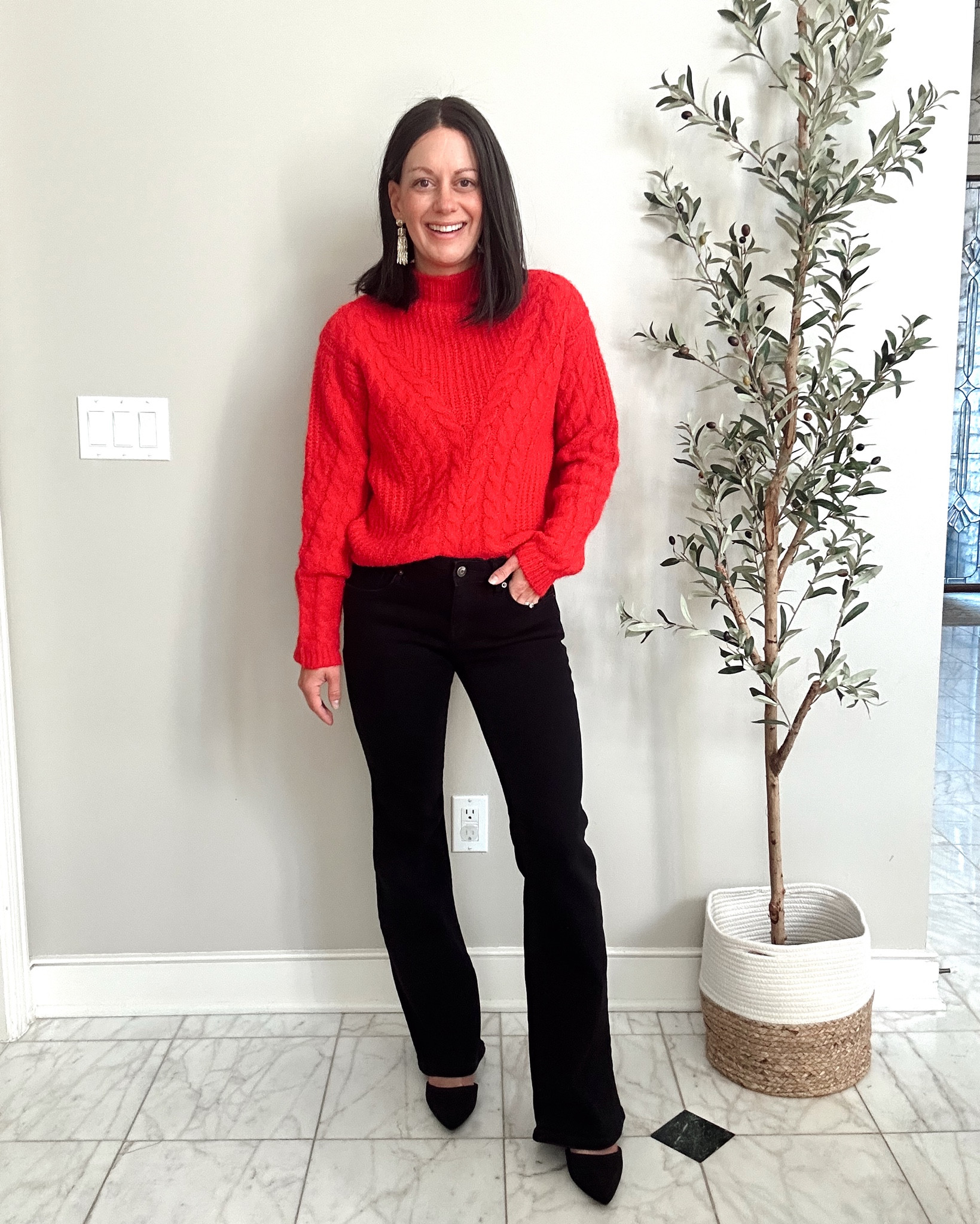 Holiday outfit idea from Target! Red sweater is so soft and comfy! Runs true to size.  Black flare pants run small so size up! I’m wearing a 4. 

#target #targetstyle #ad @target @targetstyle



#LTKHoliday #LTKSeasonal #LTKover40