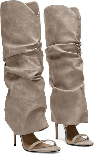 Slouchy Knee High Boots for Women Open Toe High Heel Sandals Boots Pull On Long Fashion Stiletto Heeled Boots | Amazon (US)