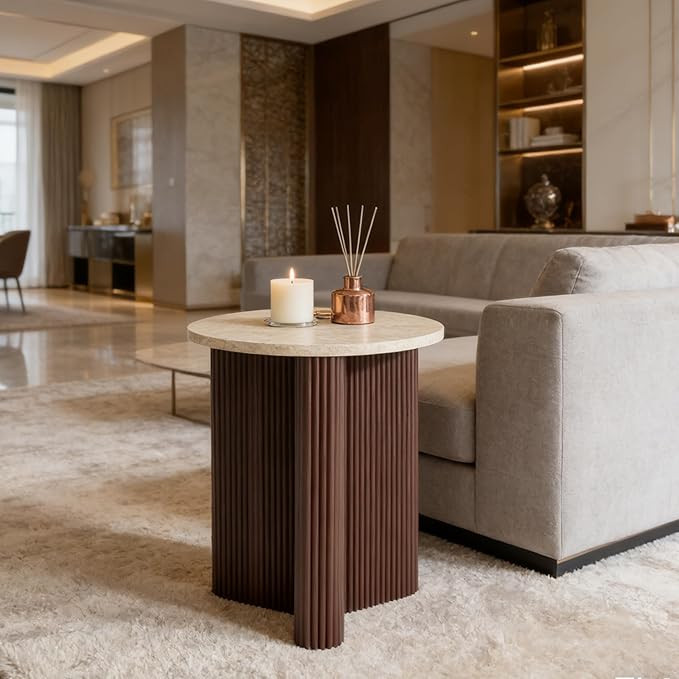 Merax Modern Round Side Table with Faux Marble Top & Brown Ribbed Base - Compact Round Coffee Tab... | Amazon (US)