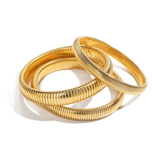 Abiotp Gold Chunky Bracelets Set for Women Stackable Wide Wristband Bangle Bracelets,Flexible Gold Stretch Snake Link Chain Bracelet Mom Wife Trendy Jewelry Gift (3pc gold bracelet) | Amazon (US)