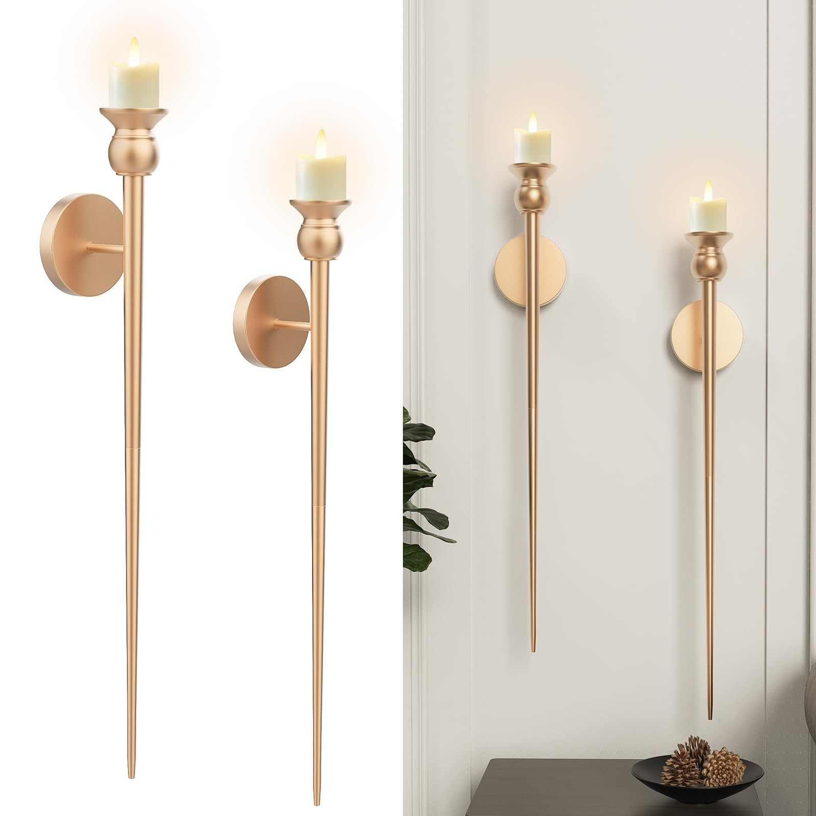 Candle Wall Sconce, 31.5inch Gold Sconces Wall Decor Set of 2, Long Candle Holder with Battery Op... | Amazon (US)
