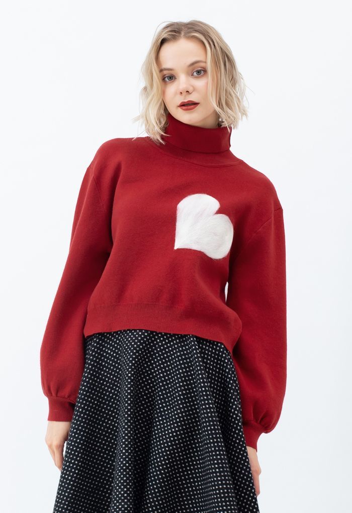 Embroidered Heart High Neck Knit Sweater in Red | Chicwish