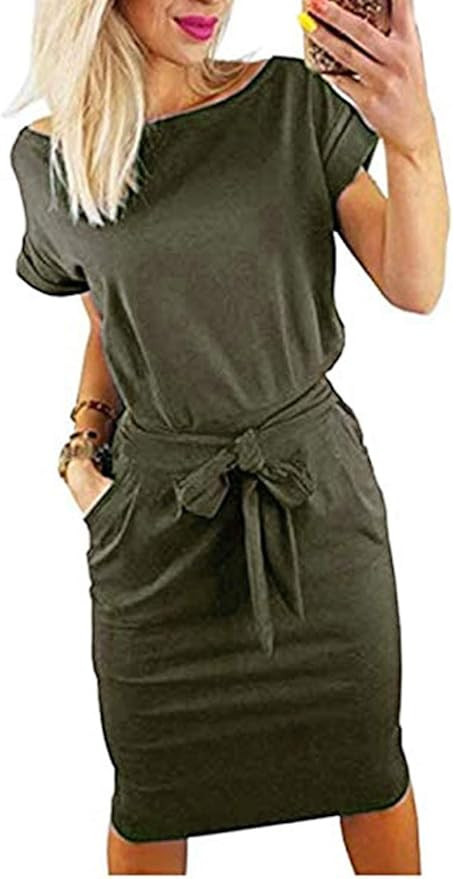 PALINDA Women's Striped Elegant Short Sleeve Wear to Work Casual Pencil Dress with Belt | Amazon (US)