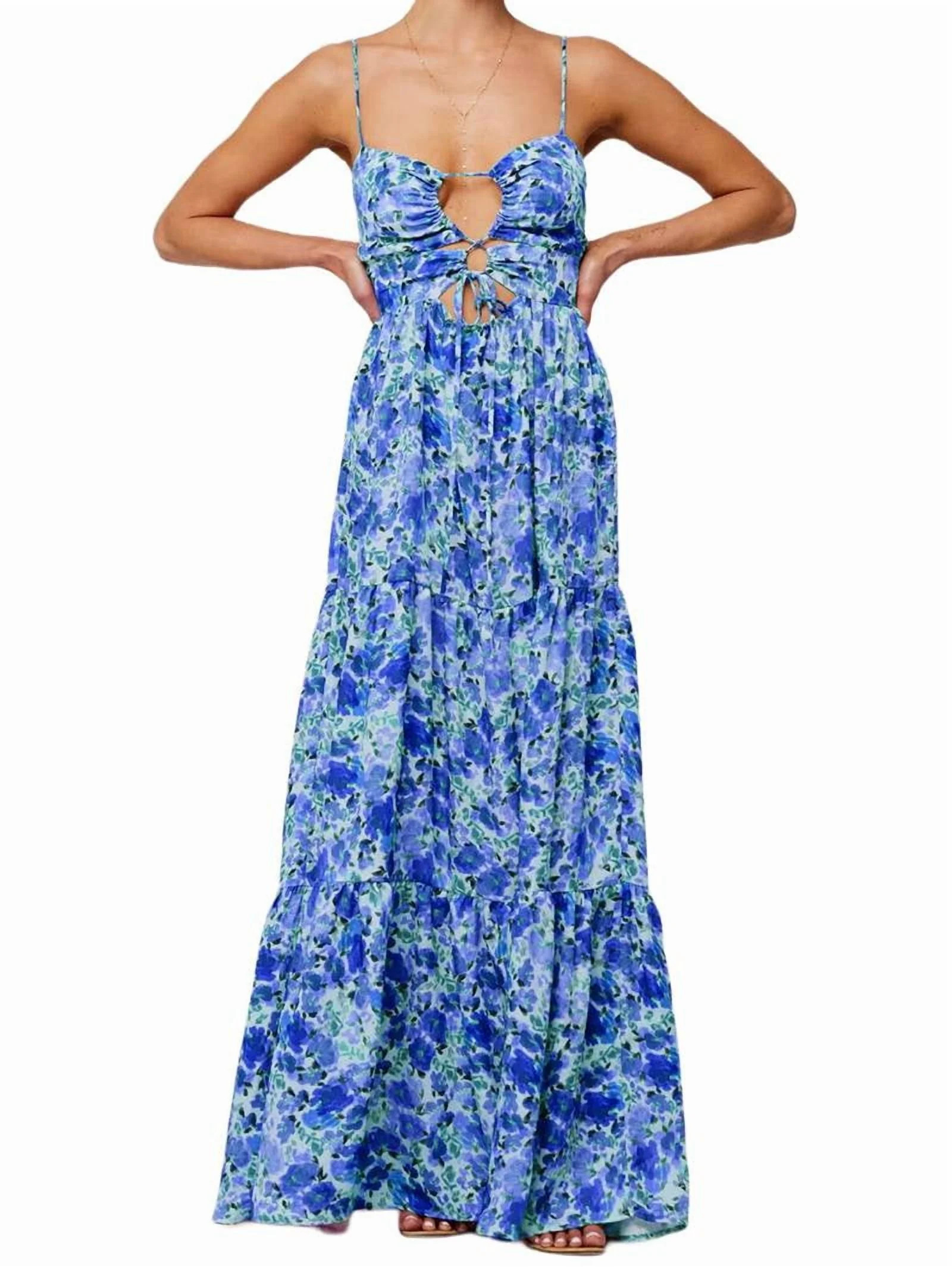 Summer Floral Sundress for Women Spaghetti Straps Hollow Out Tie Front Maxi Dress Flowy Smocked -... | Walmart (US)