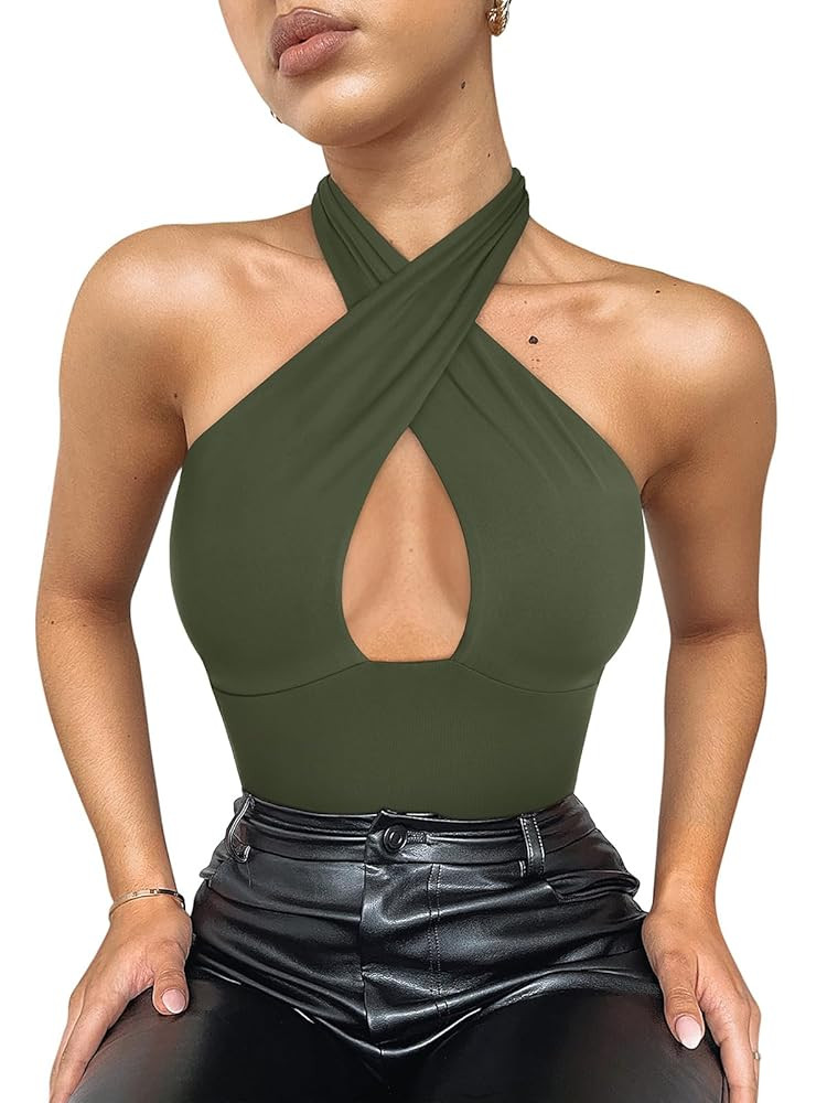 REORIA Butsmooth® Women's Trendy Sexy Criss Cross Halter Neck Sleeveless Thong Bodysuits Tops Cl... | Amazon (US)