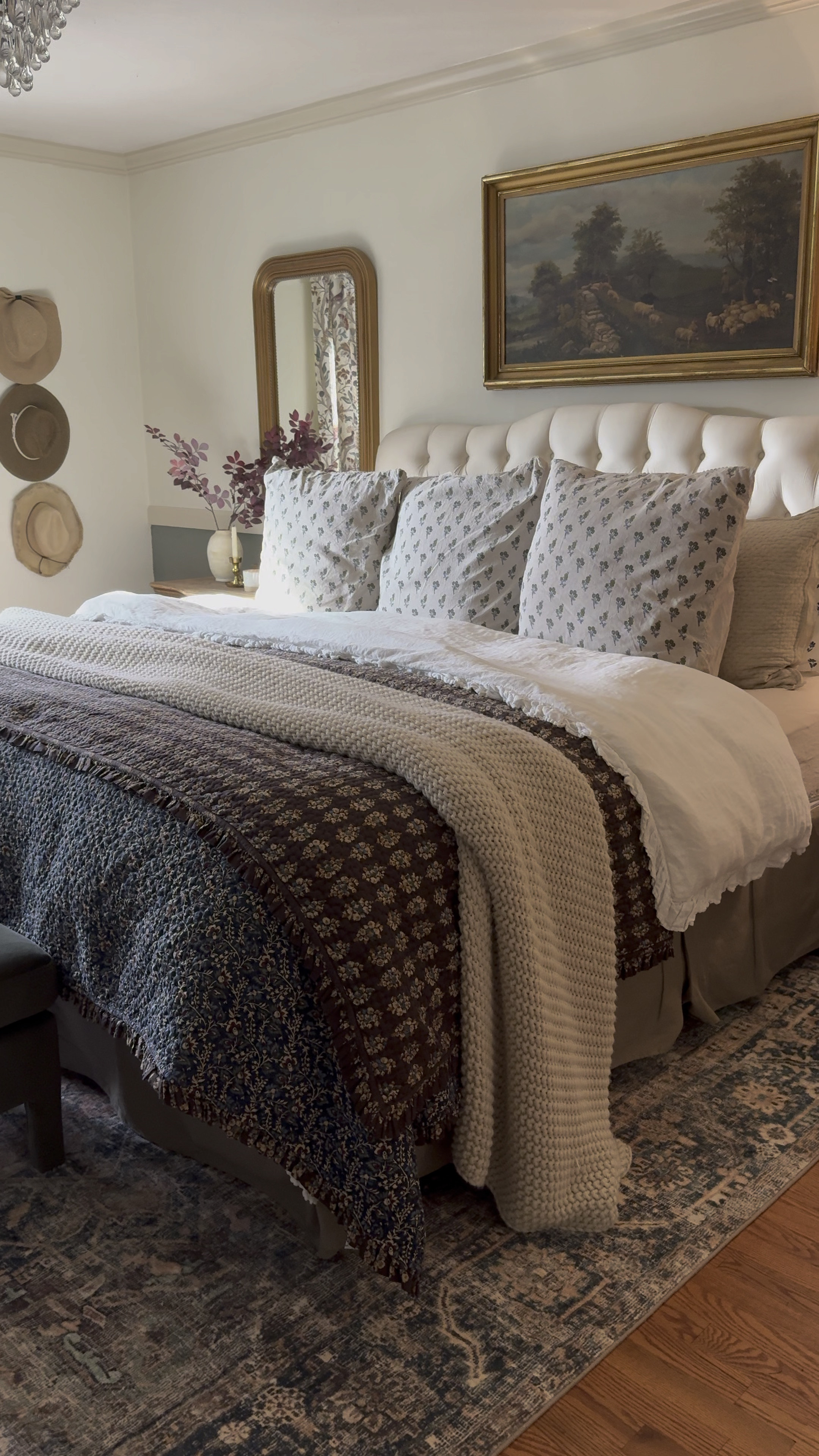 Bedroom decor and inspo, soft Loloi rug, Crystal chandelier, euro shams, linen duvet, floral print curtain panels, antique vintage art, cozy bedroom, layered bedding 

#LTKVideo #LTKsalealert #LTKhome