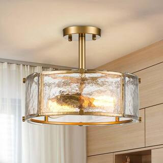 12.8 in. 2-Light Gold Modern/Contemporary Semi-Flush Mount Ceiling Light with Textured Glass Shad... | The Home Depot