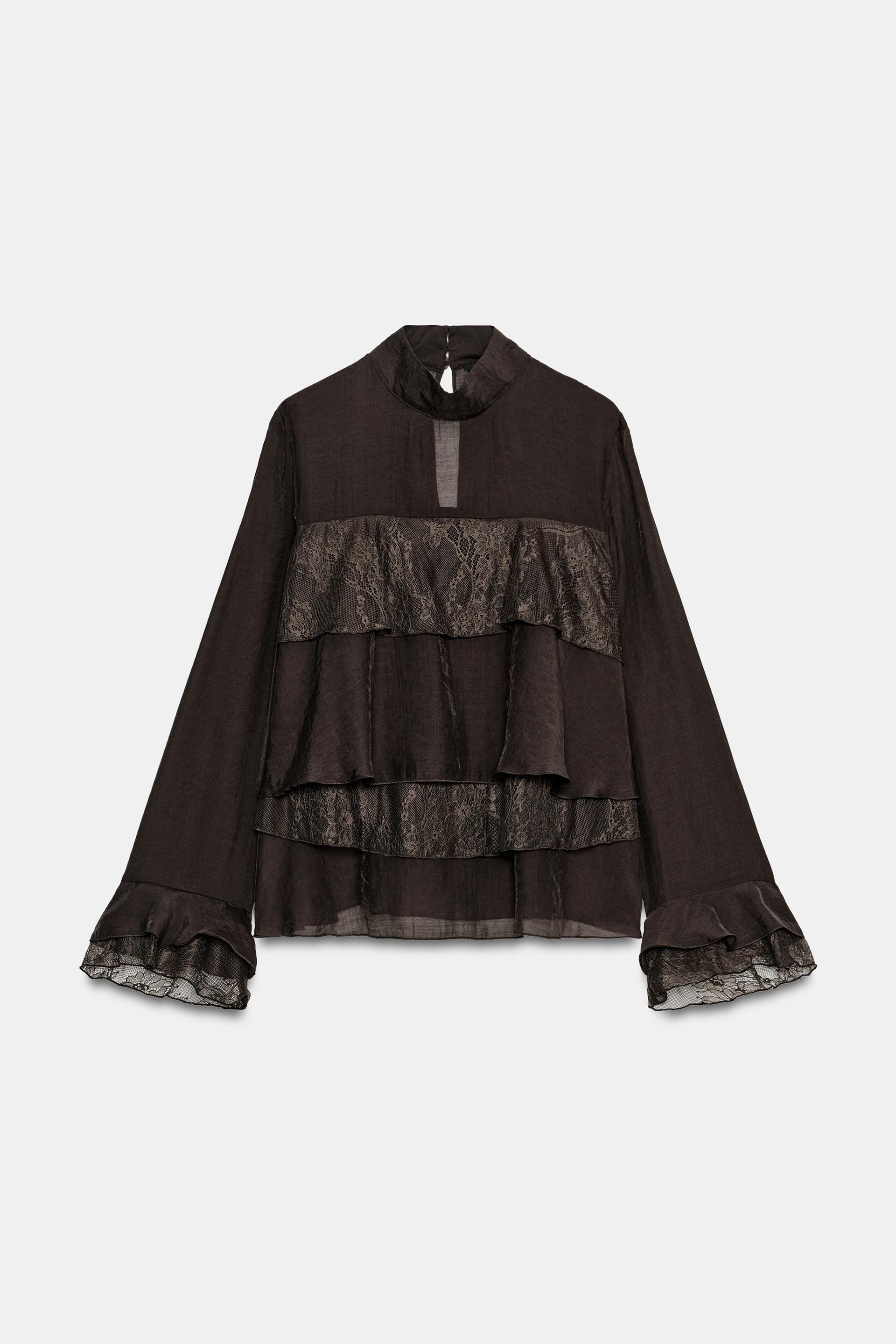 Zara - Ruffle And Lace Shirt - Brown - Xl - Woman | Zara US