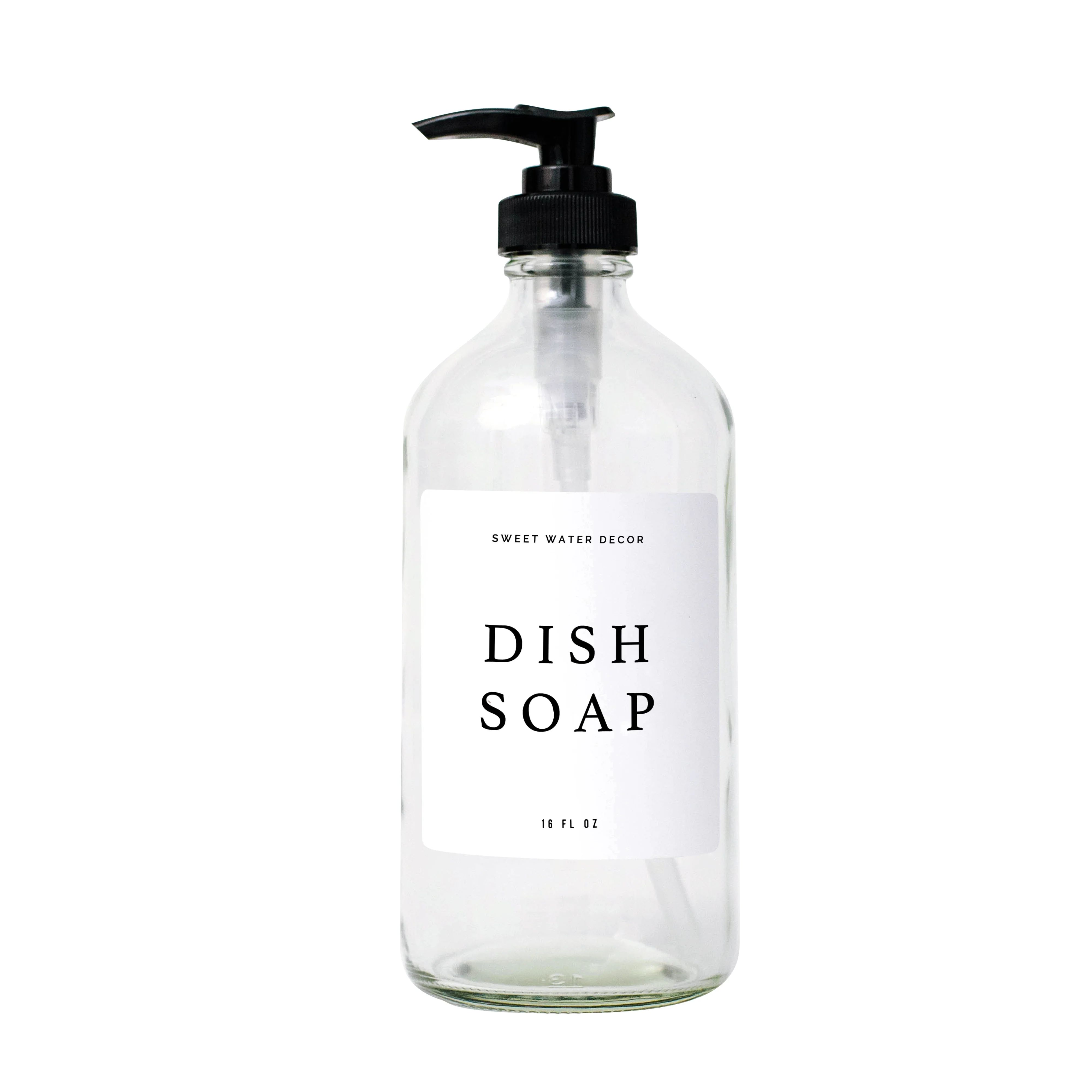 16oz Clear Glass Dish Soap Dispenser - White Text Label | Sweet Water Decor, LLC