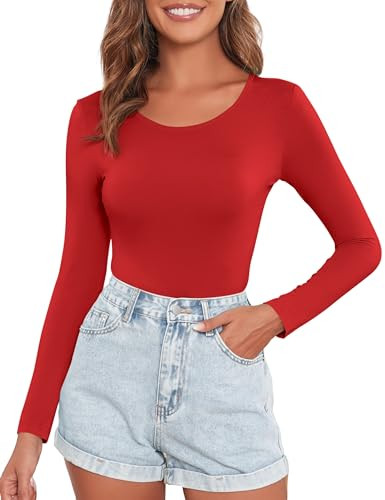 DSPSAM Womens Long Sleeve Tops Plus Size Bodysuit for Women Nude Body Suits Women Clothing Tummy Control (Red, X-Large) | Amazon (US)
