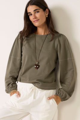EVEREVE Women's Memphis Contrast Topstitch Top, Size Large, Olive Green | Evereve