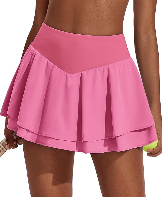 PINSPARK Womens Pleated Tennis Skirt Double Ruffle Golf Skort Tummy Control Athletic Skirts with ... | Amazon (US)
