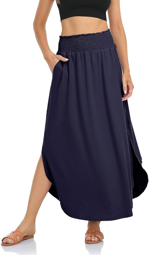 Carpetcom Women's Casual Loose Smocked High Waist Lounge Slits Long Maxi Skirts with Pockets | Amazon (US)
