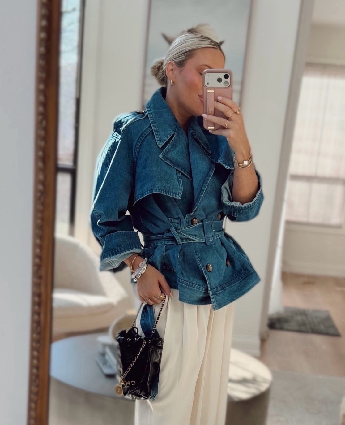 Obsessed with this outfit🤍🔥.
 S/M in the denim blazer jacket.
Think showers, graduations, brunch, date night- so good! 🤍🤍🤍

Spring outfits. Denim wrap coat. High collar. White pants. Dressy. Easter. Graduation. 


#LTKootd #LTKSeasonal #LTKWorkwear