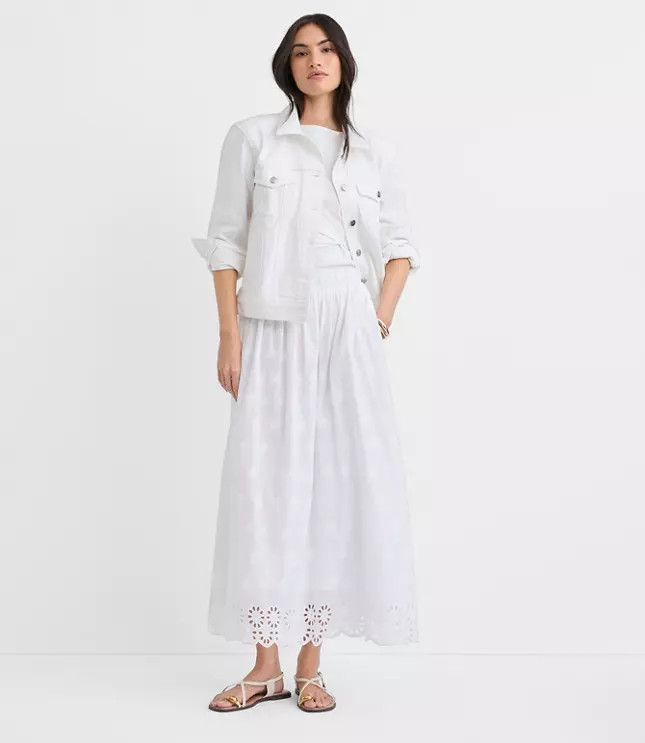 Scalloped Eyelet Pull On Midi Pocket Skirt | LOFT