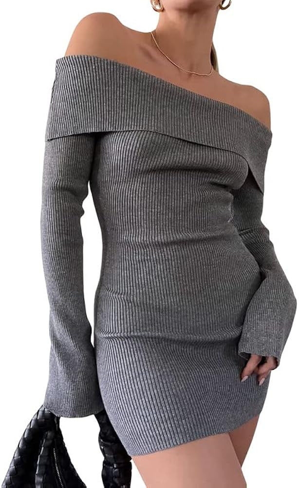 Women Sexy Sweater Dress Elegant Fold Over Off Shoulder Dress Knit Bodycon Long Sleeve Midi Cockt... | Amazon (US)