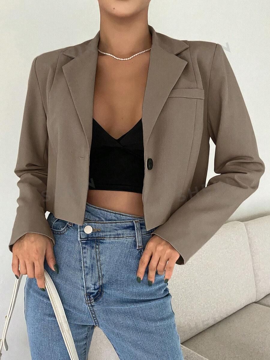 DAZY Spring Solid Color Flat Collar Single-Breasted Blazer Jacket | SHEIN