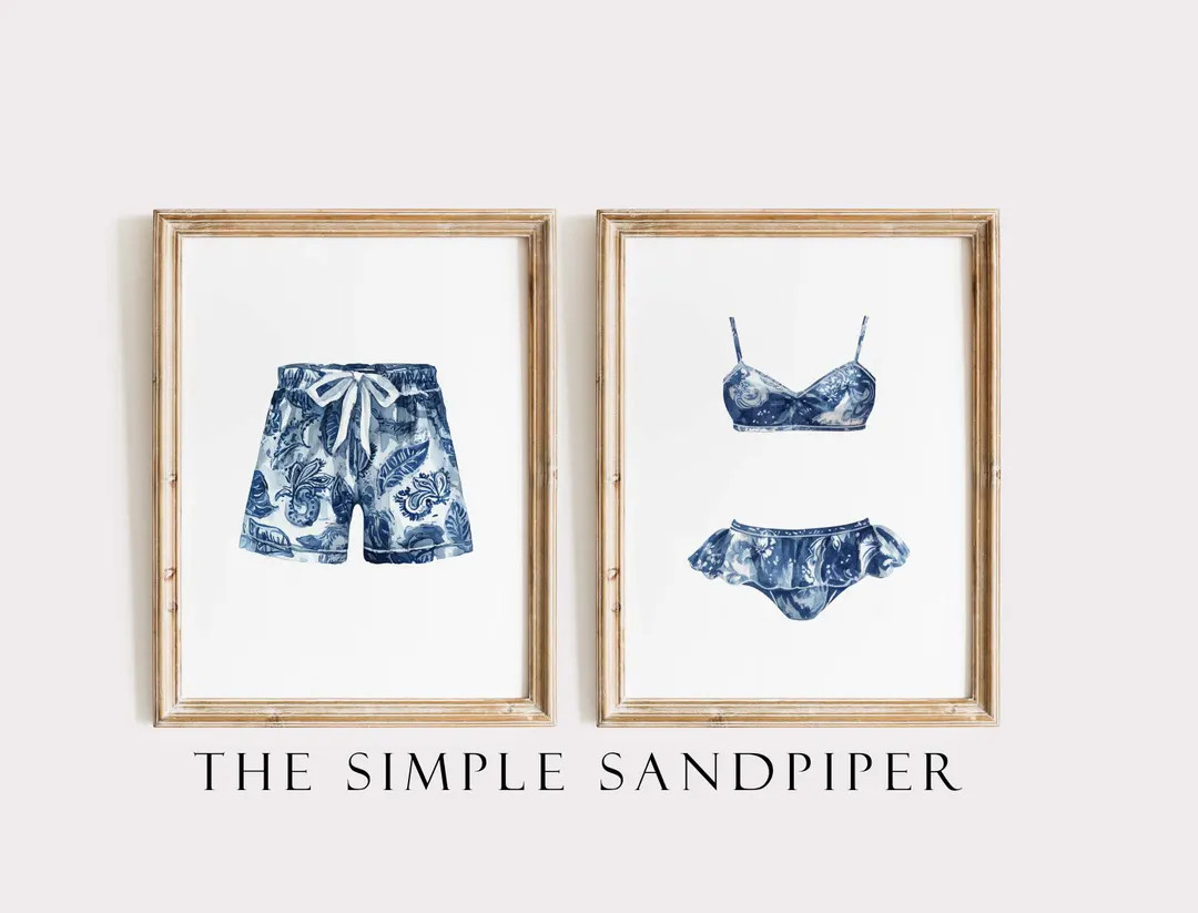 Watercolor Swimwear Print Set, Paisley Bikini & Trunks, Beach Wall Art, Digital Download, Set of ... | Etsy (US)