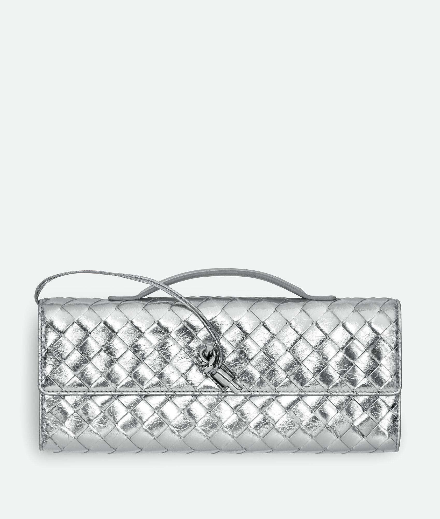 Bottega Veneta® Women's Andiamo Clutch in Silver. Shop online now. | Bottega Veneta
