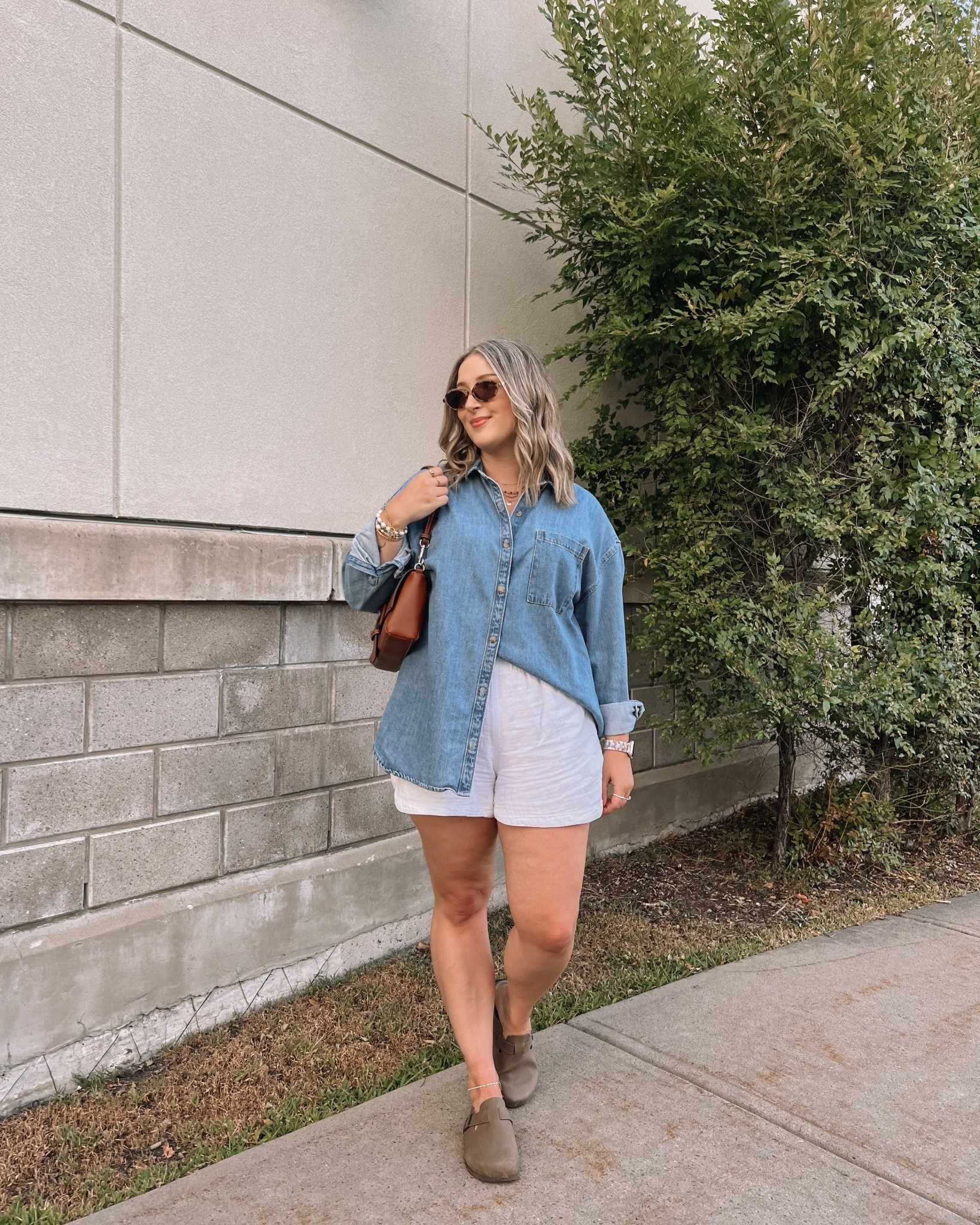 Easy summer to fall transition outfit! Wearing my usual size L in both the oversized denim shirt and white shorts. Clogs are Amazon, size up if between. Bag is the Elsie from Lambert, can’t link


#LTKmidsize #LTKsale #LTKsummer