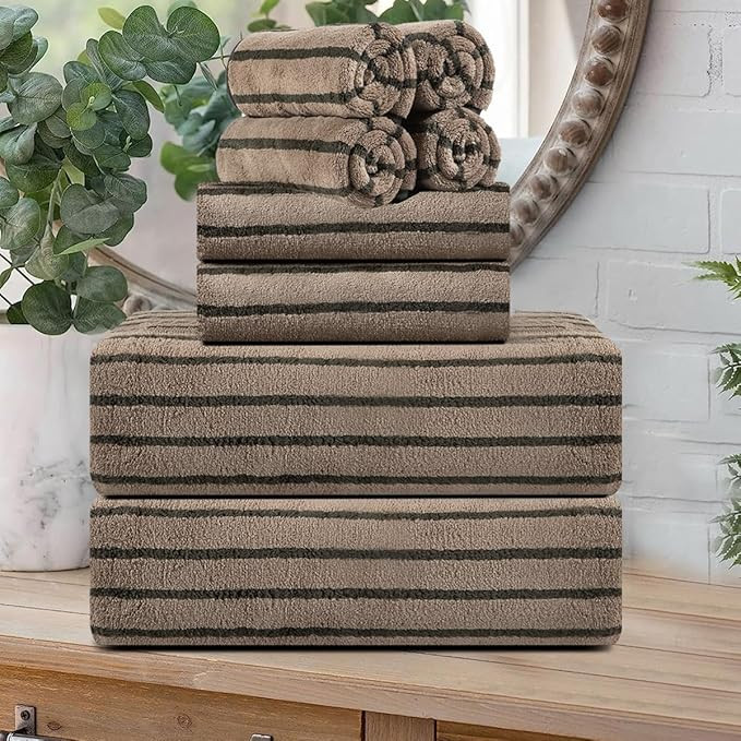 8 Pcs Brown Cabana Stripe Large Bath Towel Set Oversized Bath Sheet-2 Bathroom Towels,2 Hand Towe... | Amazon (US)
