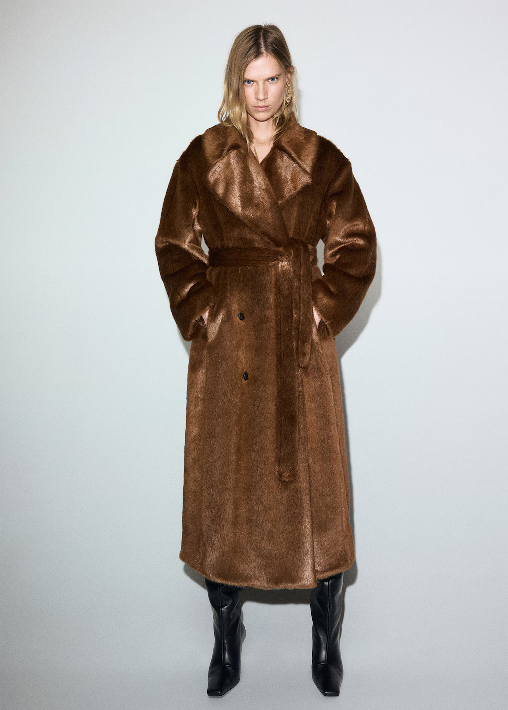 Faux-fur coat with belt medium brown - Woman - XS-S - MANGO | Mango (US/MX/AU)