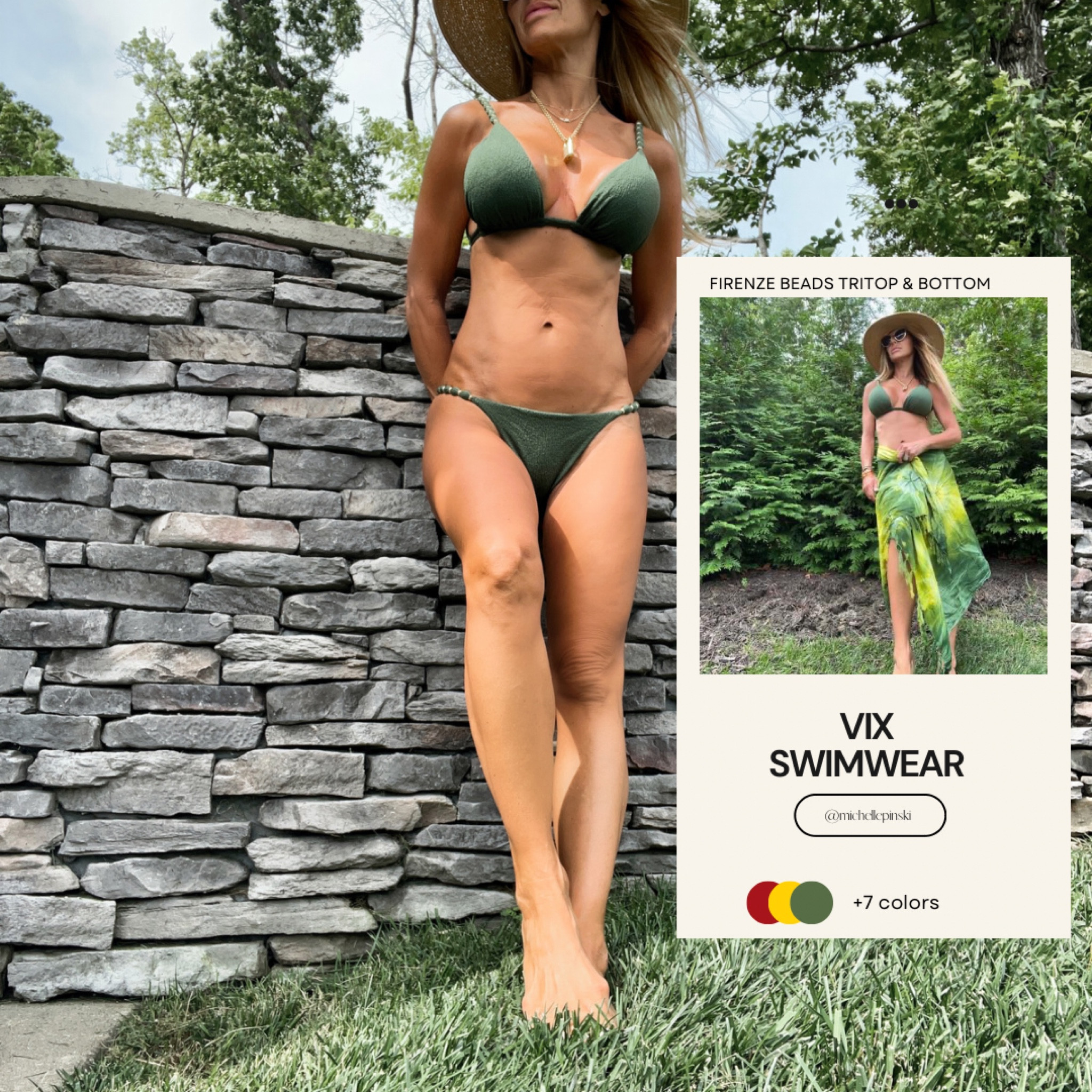 Vix Firenze Beads swimmie collection - comes in multiple color options 
Top - D/DD
Bottom - medium (runs small so size up)
CoverUp & Hat - Amazon
