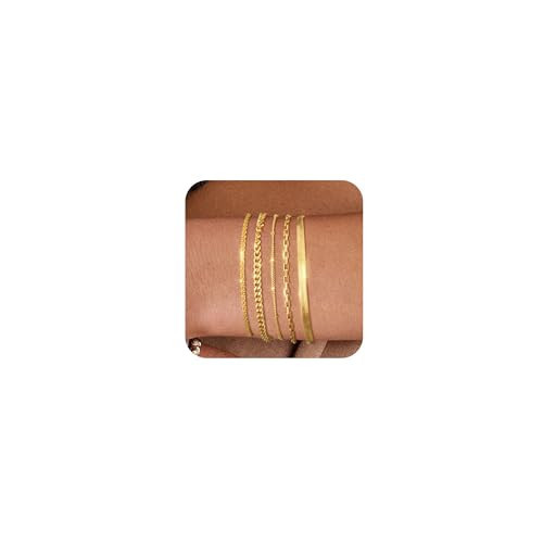 Gold Bracelets for Women 14k Real Gold Plated Dainty Bracelet Stack Set for Women Trendy Cuban Paperclip Link Snake Rope Figaro Chain Cute Stackable Bracelets Adjustable Fashion Jewelry Set for Women (STYLE-E-GOLD) | Amazon (US)