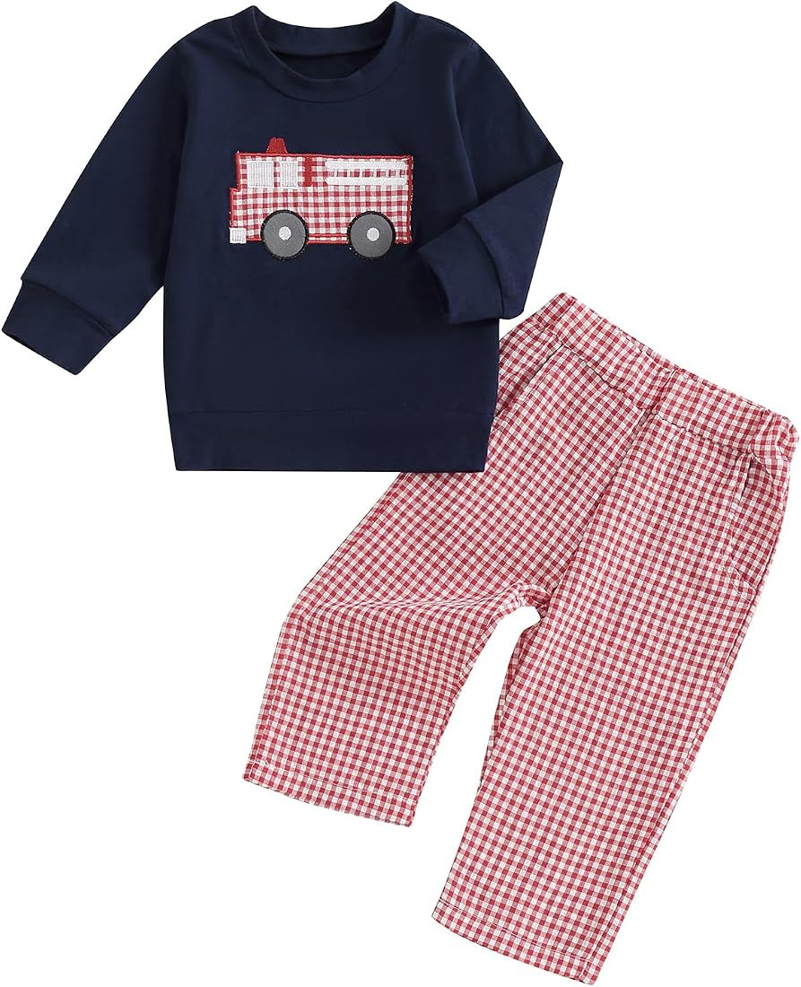FIOMVA Toddler Baby Boy Girl Outfit Embroidered Sweatshirt Top+Plaid Pants Set Little Boy Girls S... | Amazon (US)
