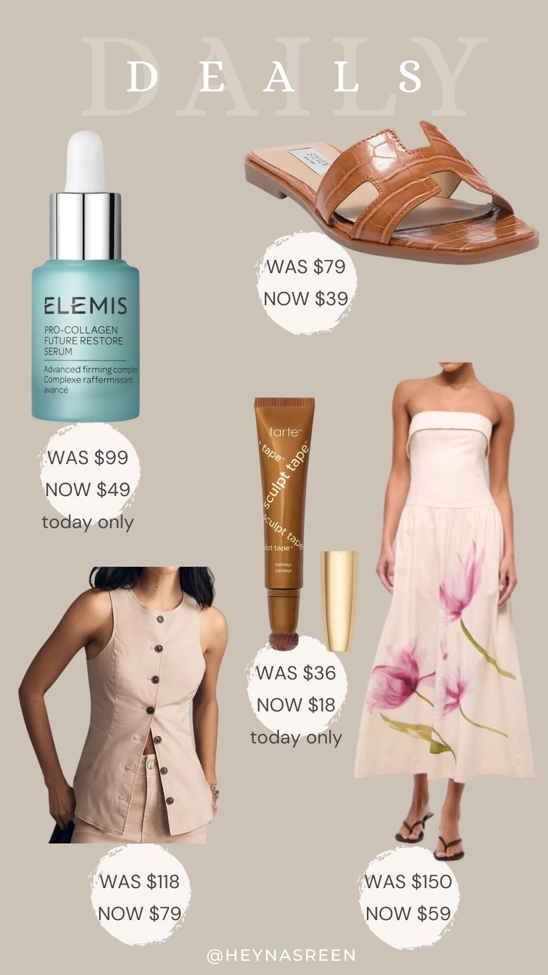 Daily deals on Elemis serum, Steve Madden sandals, Tarte bronze tape, Abercrombie dress, Anthropologie vest 