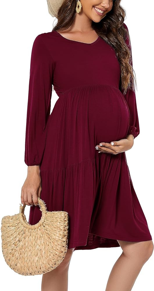 Smallshow Women's Maternity Dress Ruffle Long Sleeve Pregnancy Clothes | Amazon (US)