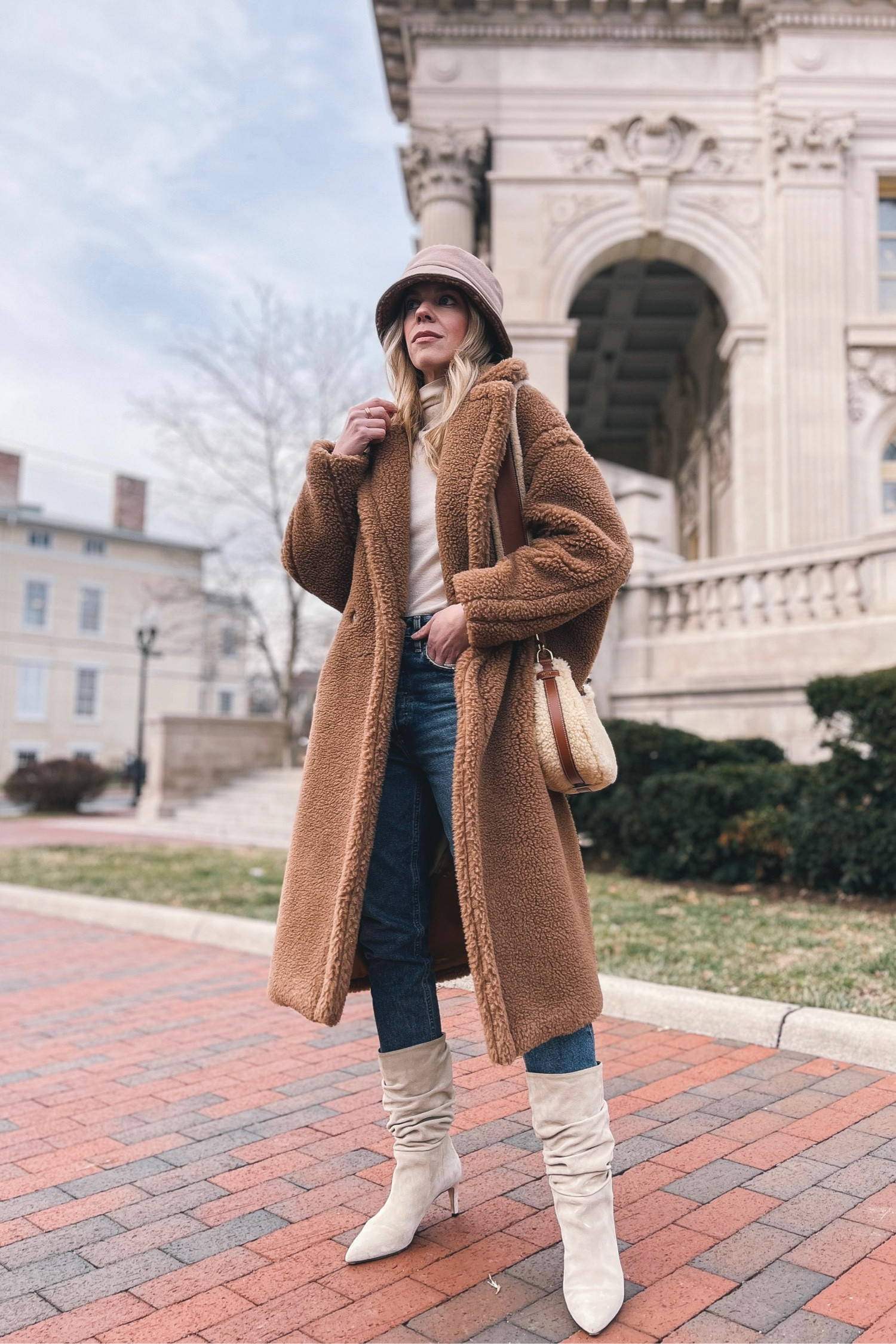 Max Mara teddy coat, bucket hat, white slouchy boots, shearling handbag, winter outfit 

#LTKshoecrush #LTKstyletip #LTKSeasonal