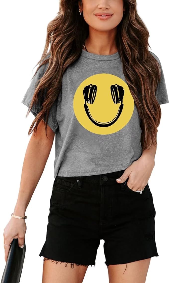 Dressmine Women's Short Sleeve Round Neck Happy Face T Shirt Graphic Print Crop Top Tee Shirt | Amazon (US)