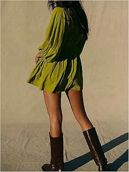 WDIRARA Women's Deep V Neck Long Lantern Sleeve A Line Dress Flowy Short Dresses | Amazon (US)