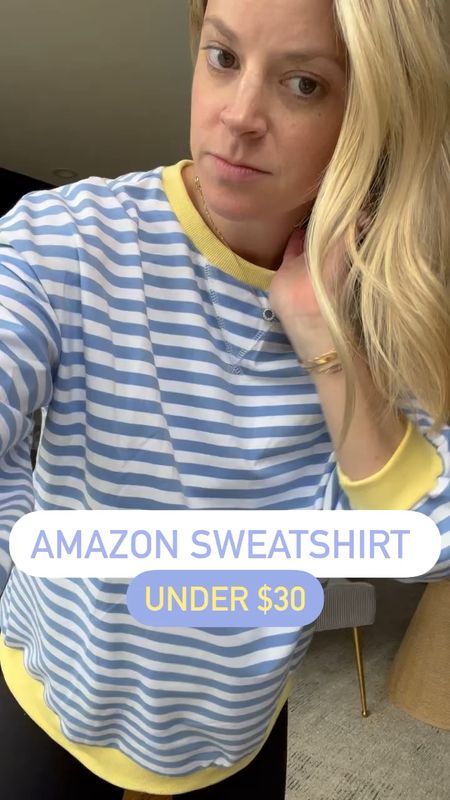 Oversized striped sweatshirt under $30 and comes in tons of colors. Wearing size small and looks identical to the free people one 

Look for less, spring sweatshirt, postpartum, pregnancy, Amazon find 

#LTKfindsunder50 #LTKbump #LTKstyletip