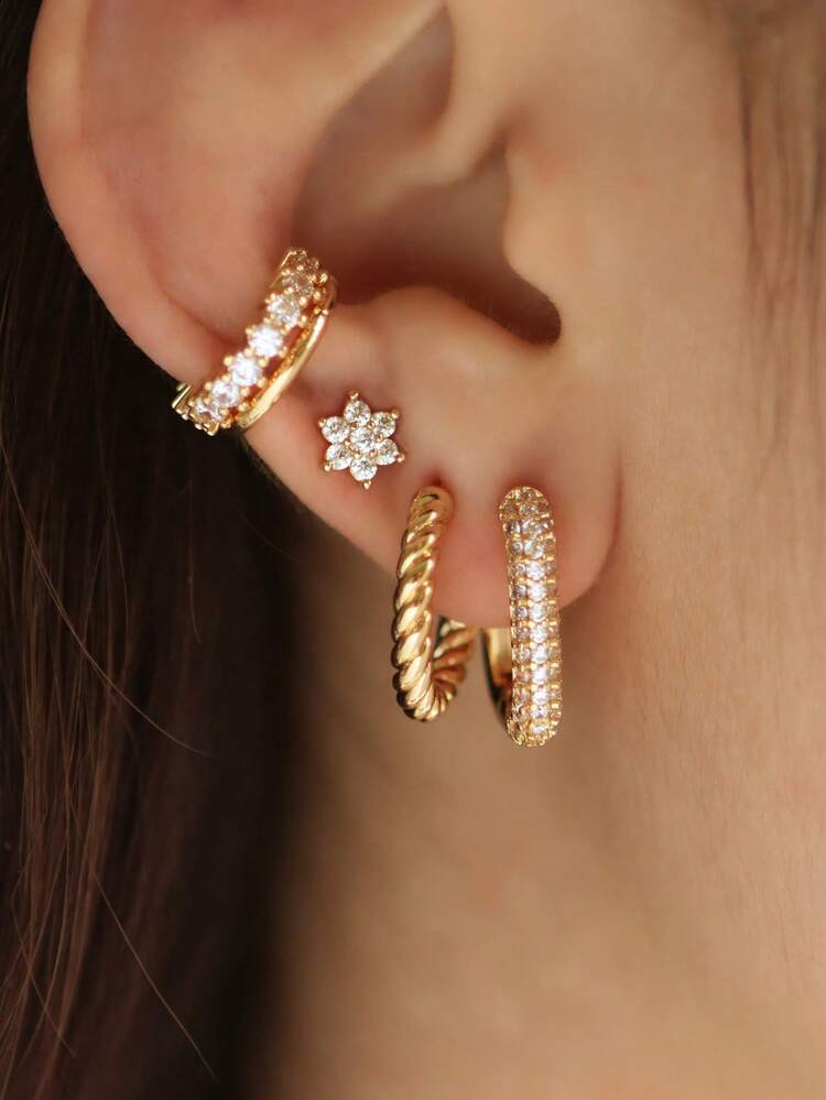 5pcs Cubic Zirconia Flower Decorated Earring Set, Geometric Hoop Earrings Suitable For Women Daily, Date, Party Wear, Holiday Gift | SHEIN