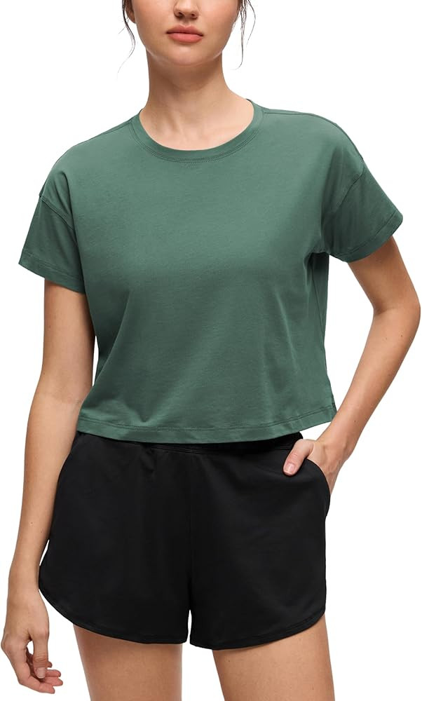CRZ YOGA Pima Cotton Relaxed Crop T-Shirts for Women - Workout Athletic Gym Casual Short Sleeve S... | Amazon (US)