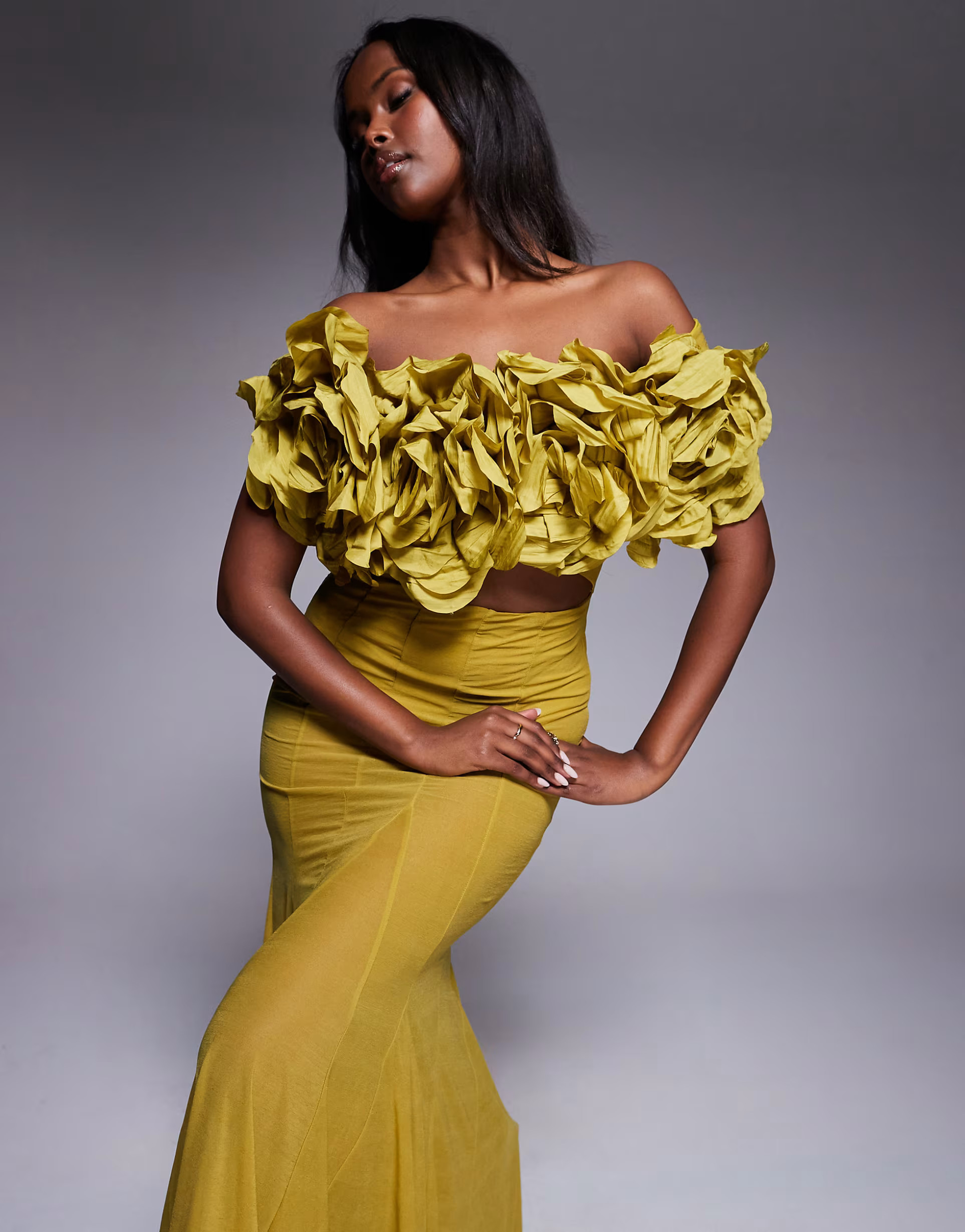 ASOS DESIGN off the shoulder flower detail maxi dress in olive | ASOS (Global)