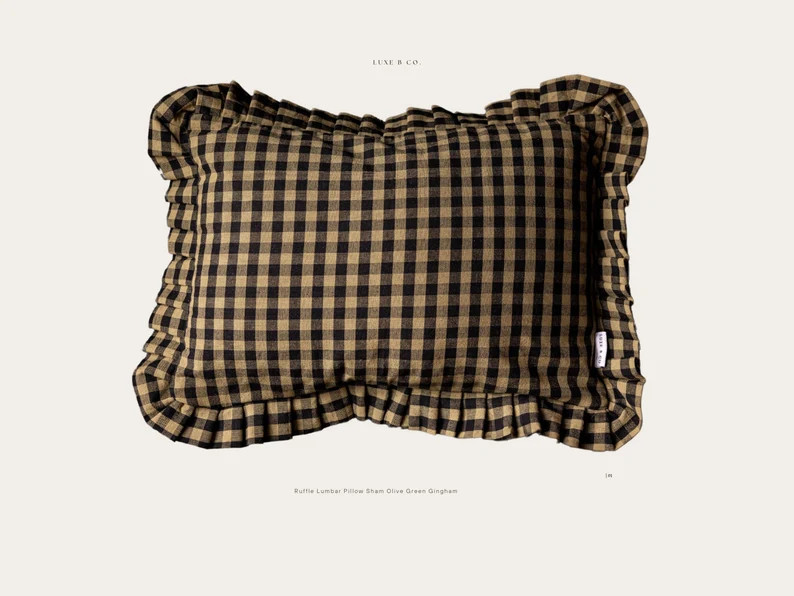 Lumbar Ruffle Pillow Frill Shame Olive Green Gingham - Etsy | Etsy (US)