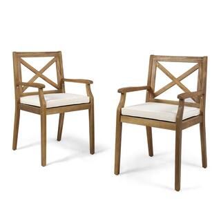 Noble House Perla Teak Brown Cross Back Wood Outdoor Dining Chairs with Cream Cushions (2-Pack) 4... | The Home Depot