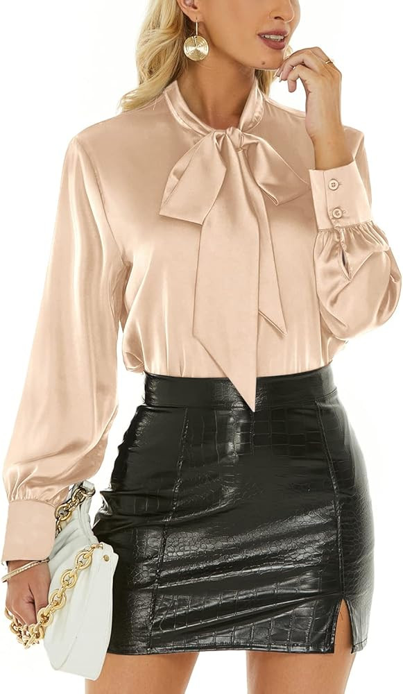 Escalier Women's Silk Blouse Long Sleeve Bow Tie Neck Button Down Shirts Casual Office Work Blous... | Amazon (US)