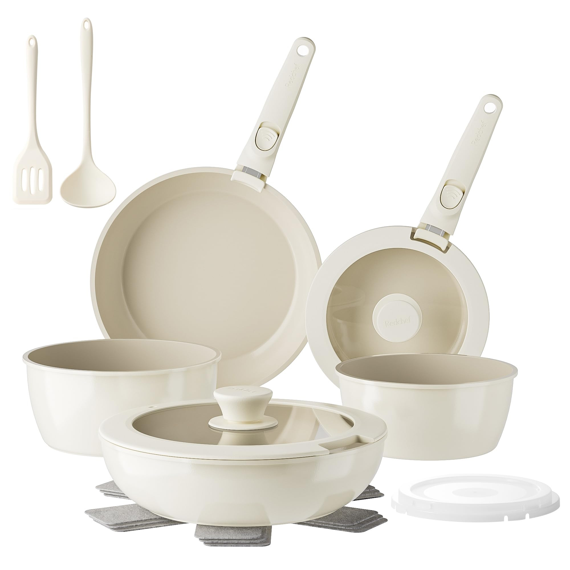 Redchef Pans and Pots Set Nonstick, Ceramic Cookware Set with Detachable Handles, Healthy,Non Toxic, Kitchen Cookware Sets16Pcs, Induction RV Kitchen Set, PFAS PFOA & PTFE Free, Beige White | Amazon (US)