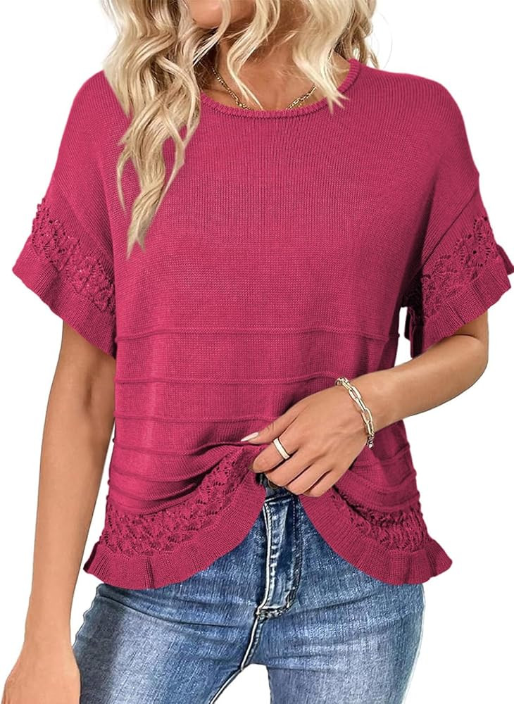 Dokotoo Women’s Short Sleeve Sweaters Tops Oversized Summer Casual Ruffled Hem Knit Pullover Cu... | Amazon (US)