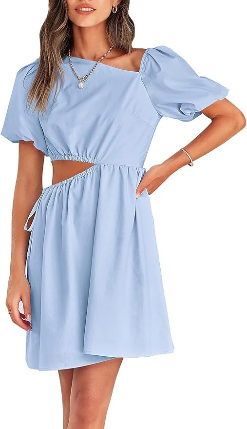 KIRUNDO 2023 Women's Summer Short Puff Sleeve Cut Out Dress Casual Solid Asymmetrical Neck A Line... | Amazon (US)