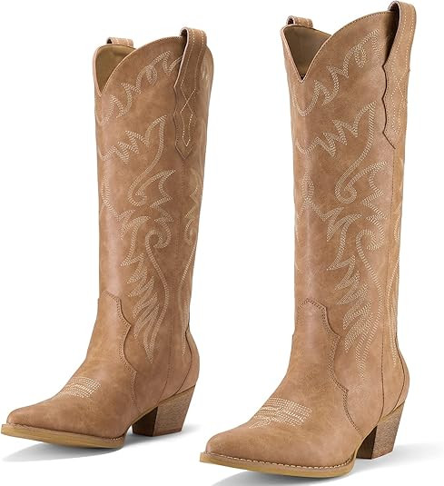 Rollda Cowboy Boots for Women Cowgirl Boots Embroidered Knee-High Western Boots Pointy Toe with C... | Amazon (US)