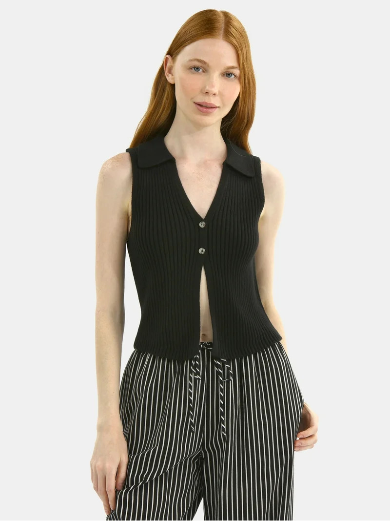 No Boundaries Button-Front Sweater Vest Top, Women's | Walmart (US)