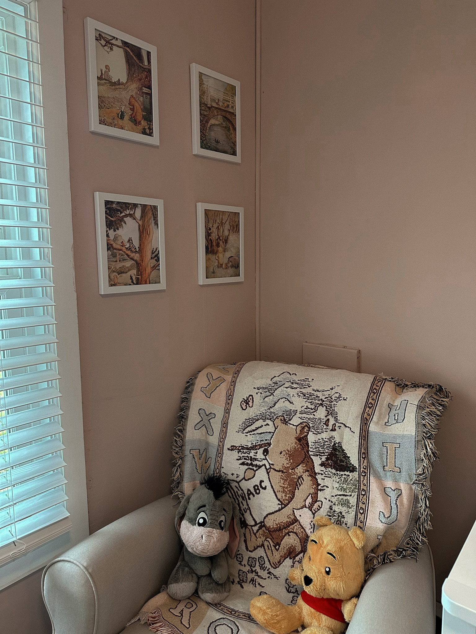 my favorite part of the nursery, a comfy glider, winnie the pooh blanket that was mine as a baby, her favorite stuffed animals and the cutest gallery wall

#LTKhome #LTKkids #LTKbaby