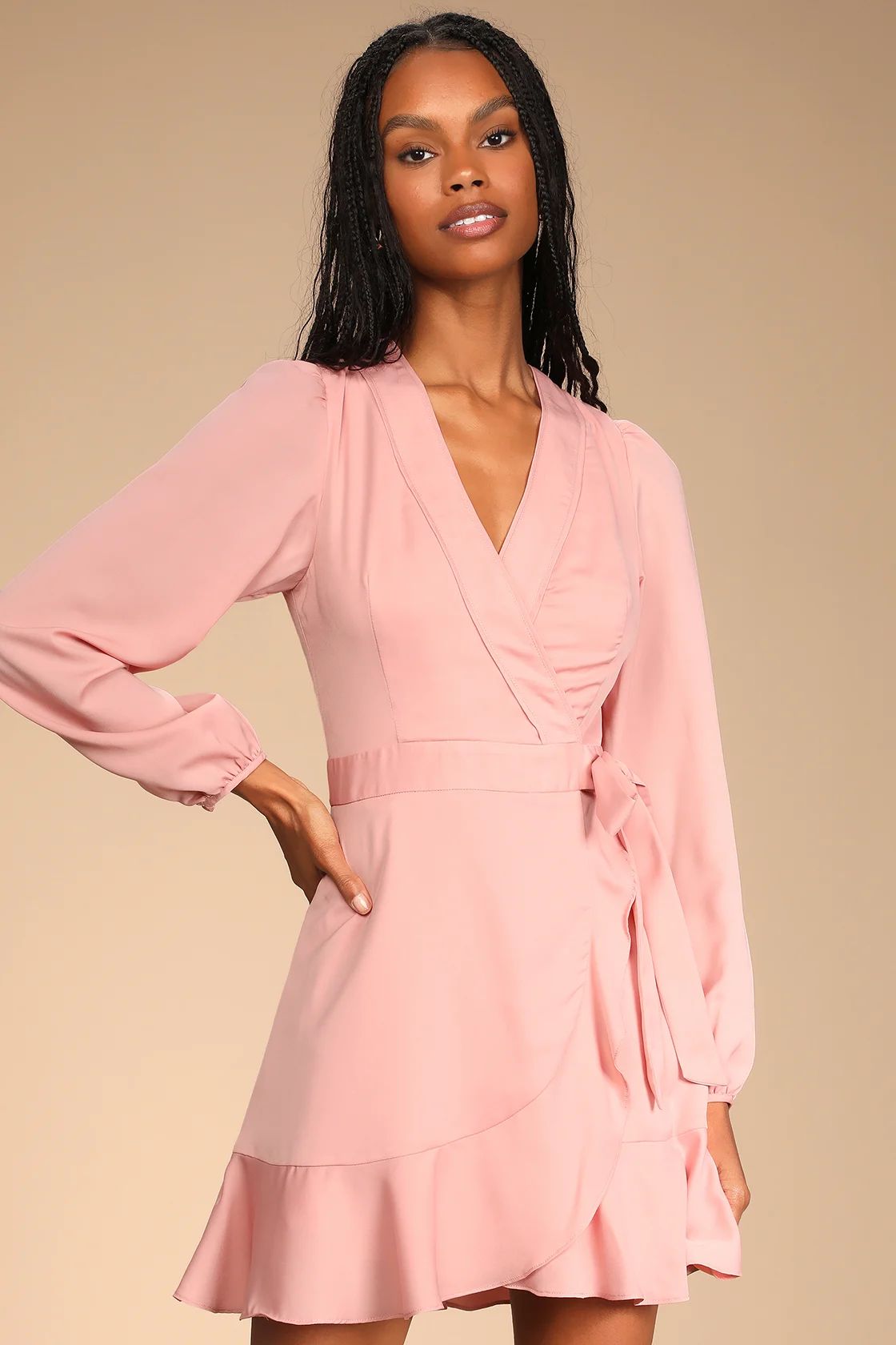 Laughter and Love Blush Pink Long Sleeve Faux-Wrap Mini Dress | Lulus (US)
